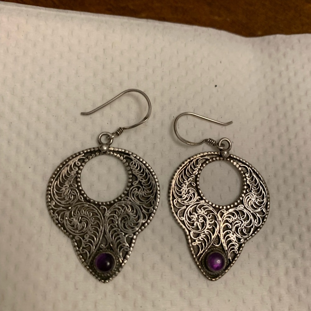 Elegant Silver and Purple Filigree Earrings